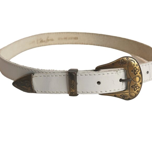 Vintage White Leather Belt Ornate Brass Buckle Womens M Feminine Cottagecore